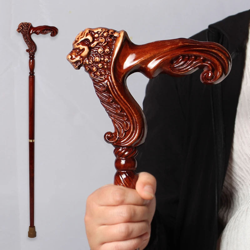 Wooden Walking Stick Cane Lion Head – Palm Grip Ergonomic Handle