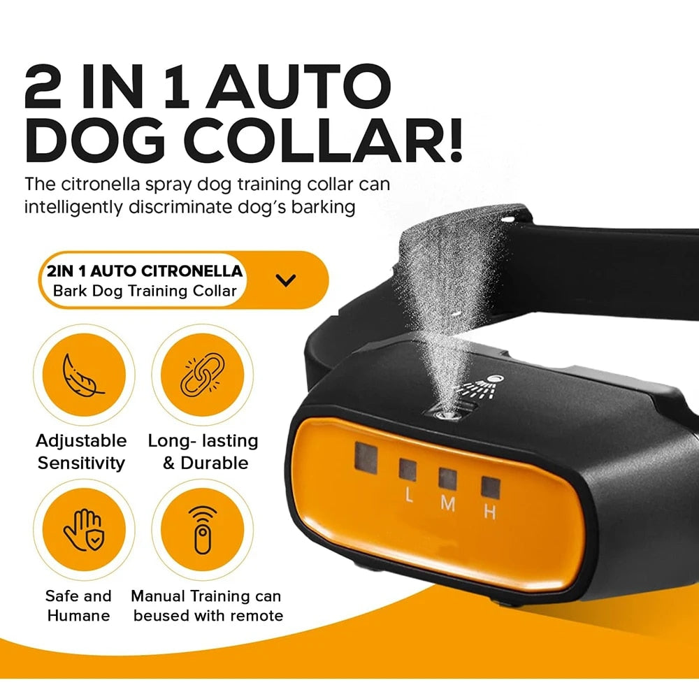 2-in-1 Citronella Spray Anti Bark Dog Training Collar - Auto & Remote Control Safe Humane Spray Dog Training Collar