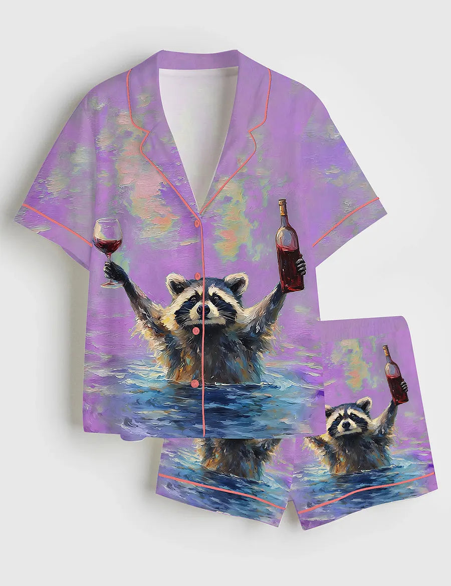 Women’s Raccoon Drinking Red Wine Short Sleeve Silky Satin Pajama Set