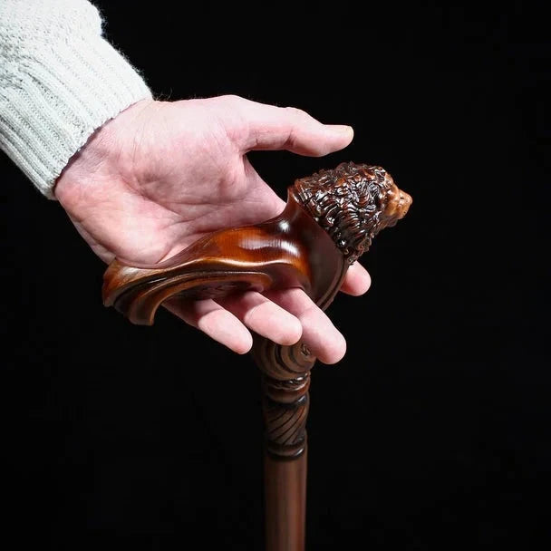 Wooden Walking Stick Cane Lion Head – Palm Grip Ergonomic Handle