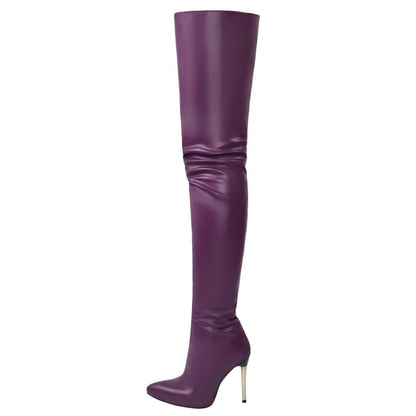 Women Pointed Toe Patent Leather Side Zipper Stiletto High Heel Over The Knee Boots