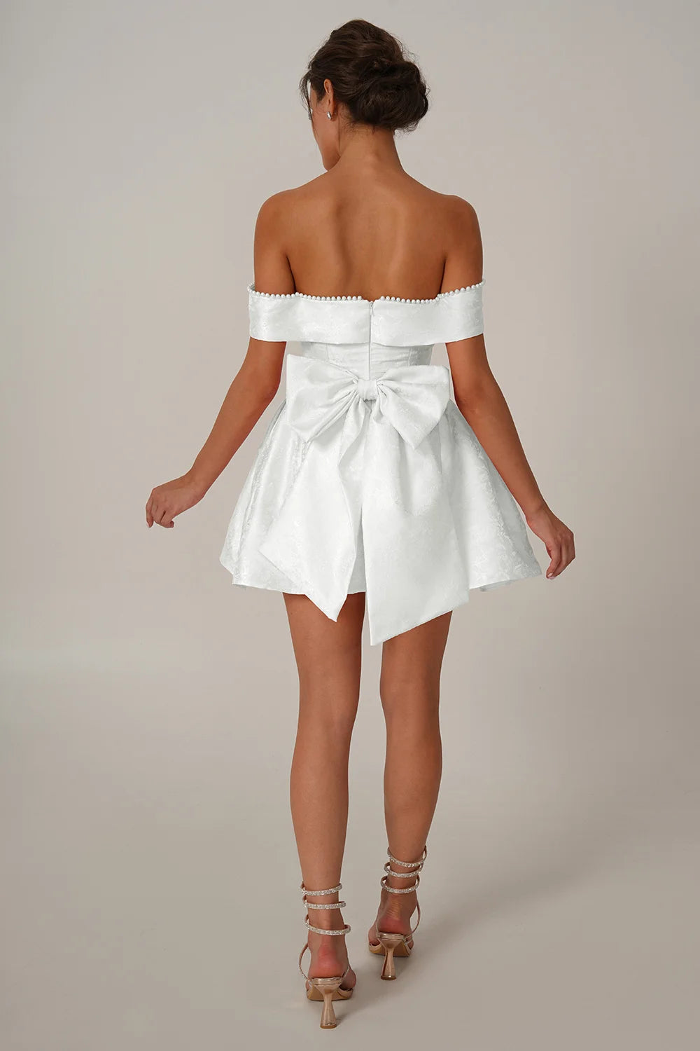 Jacquard Off Shoulder Bead Embellished Bow Mini Dress