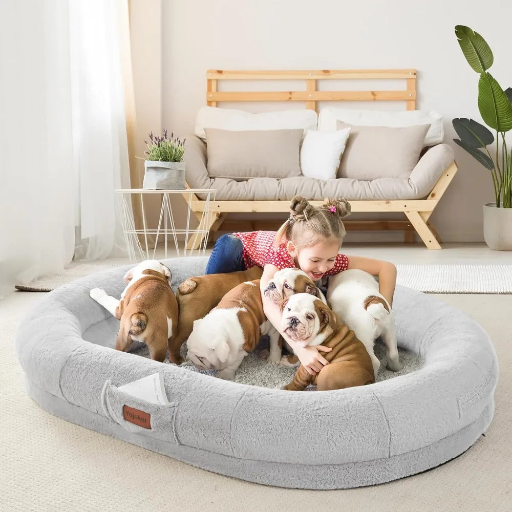 Adults' Oval Nap Bed with Blanket - Giant Bean Bag Dog Bed for People, Washable Faux Fur, 72