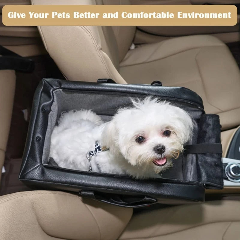 Canine Car Seat - Small Dog Booster Seat with Detachable Cushion, Safety Hook for Armrest Console Installation, and Breathable Design.