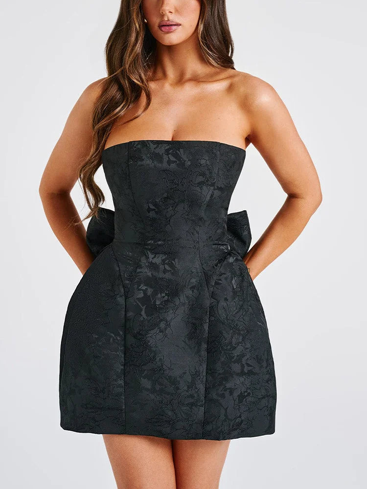 Jacquard Strapless Knot A-line Mini Dress