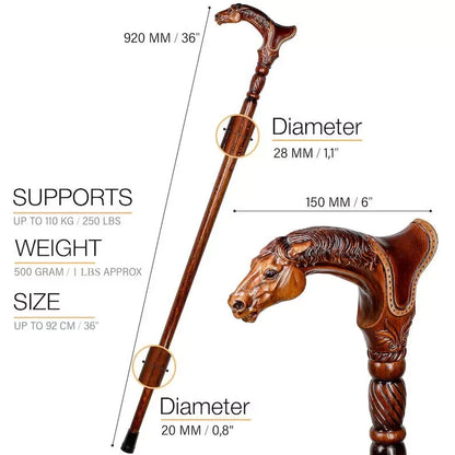 Horse Wooden Walking Cane stick - Ergonomic Palm Grip Handle