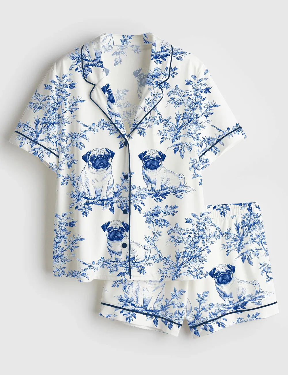 Women’s Pug French Dog Chinoiserie Art Short Sleeve Silky Satin Pajama Set