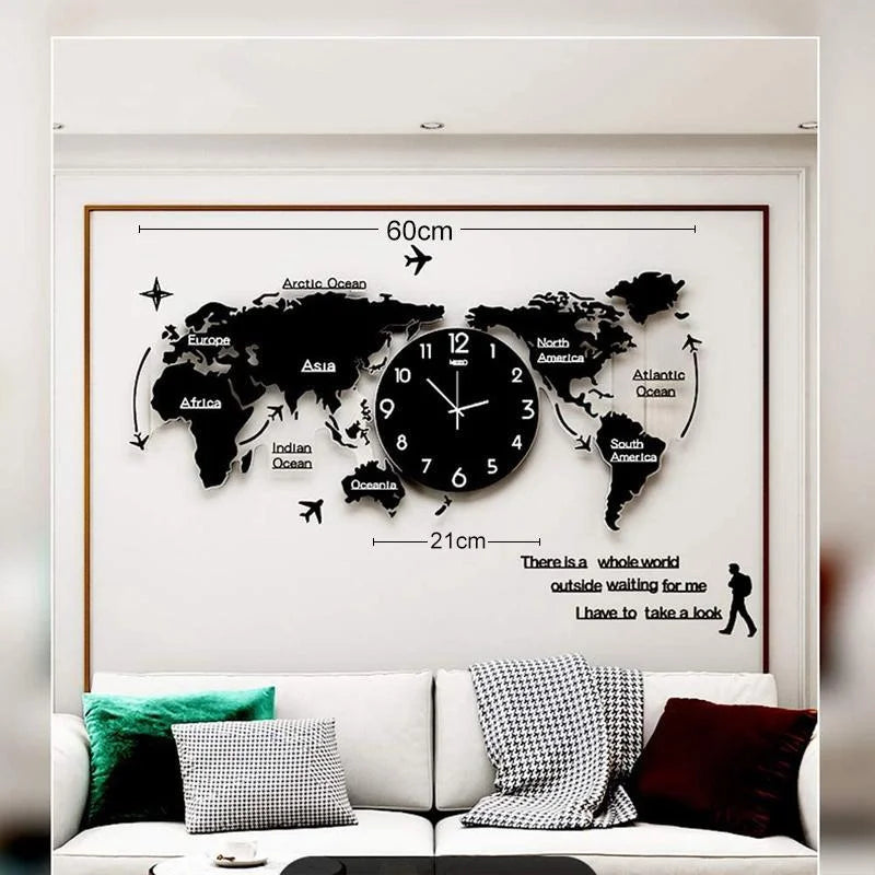 3D Acrylic World Map Wall Clock Nordic Modern Digital Hanging Wall Clock