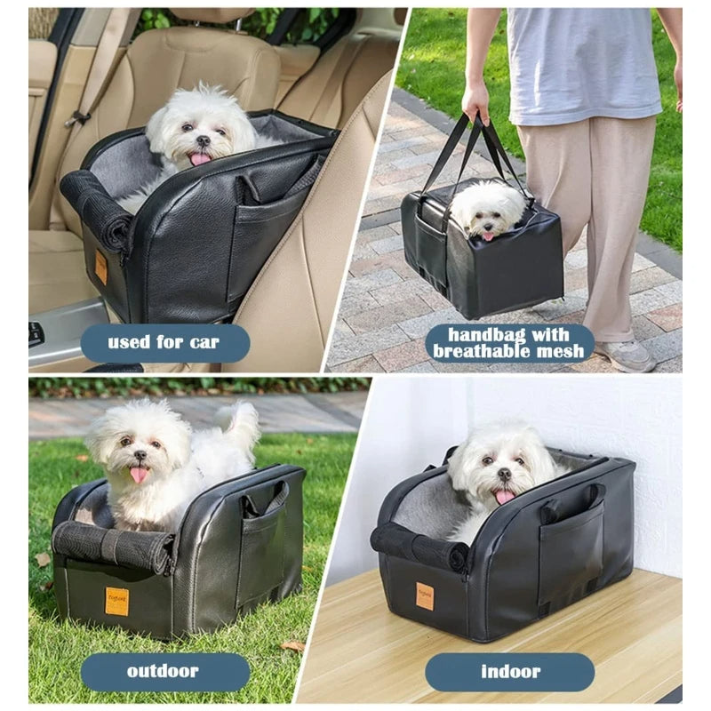 Canine Car Seat - Small Dog Booster Seat with Detachable Cushion, Safety Hook for Armrest Console Installation, and Breathable Design.