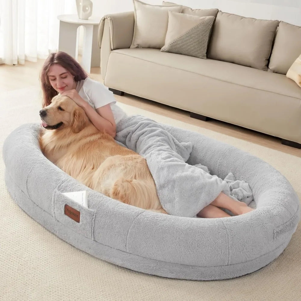 Adults' Oval Nap Bed with Blanket - Giant Bean Bag Dog Bed for People, Washable Faux Fur, 72