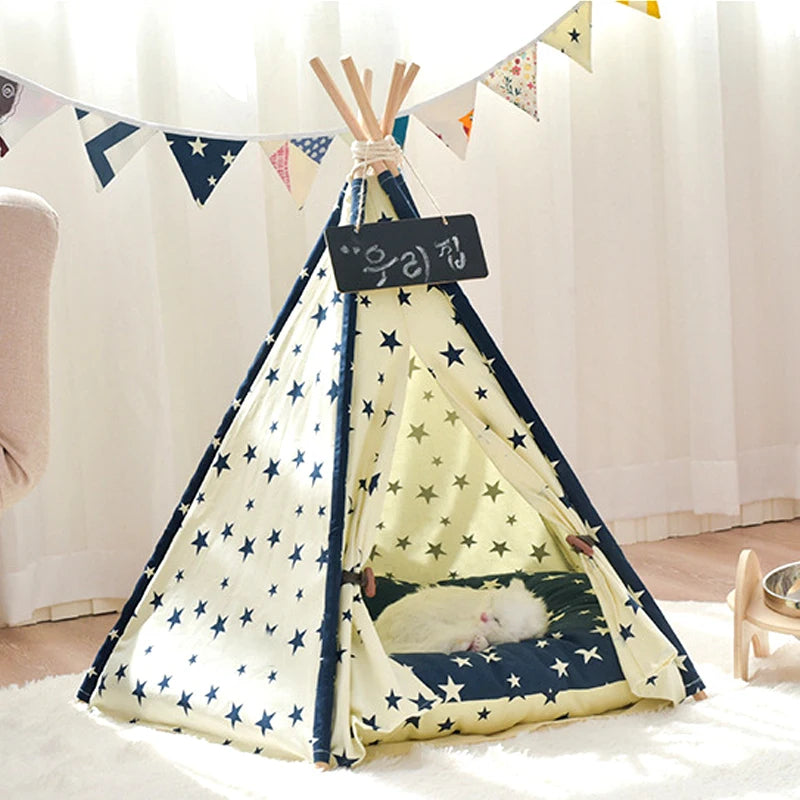 Pet Teepee Bed White Canvas Dog Cute House