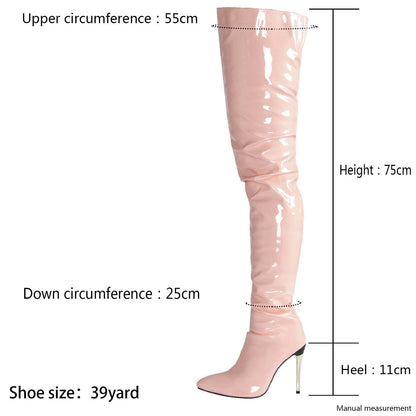 Women Pointed Toe Patent Leather Side Zipper Stiletto High Heel Over The Knee Boots