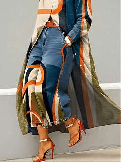 Mural | Women's Abstract Stripe Print Wide-Leg Denim Patchwork Pants