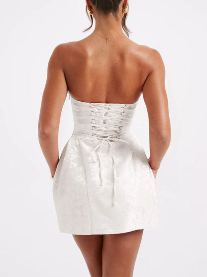 Jacquard Strapless Knot A-line Mini Dress