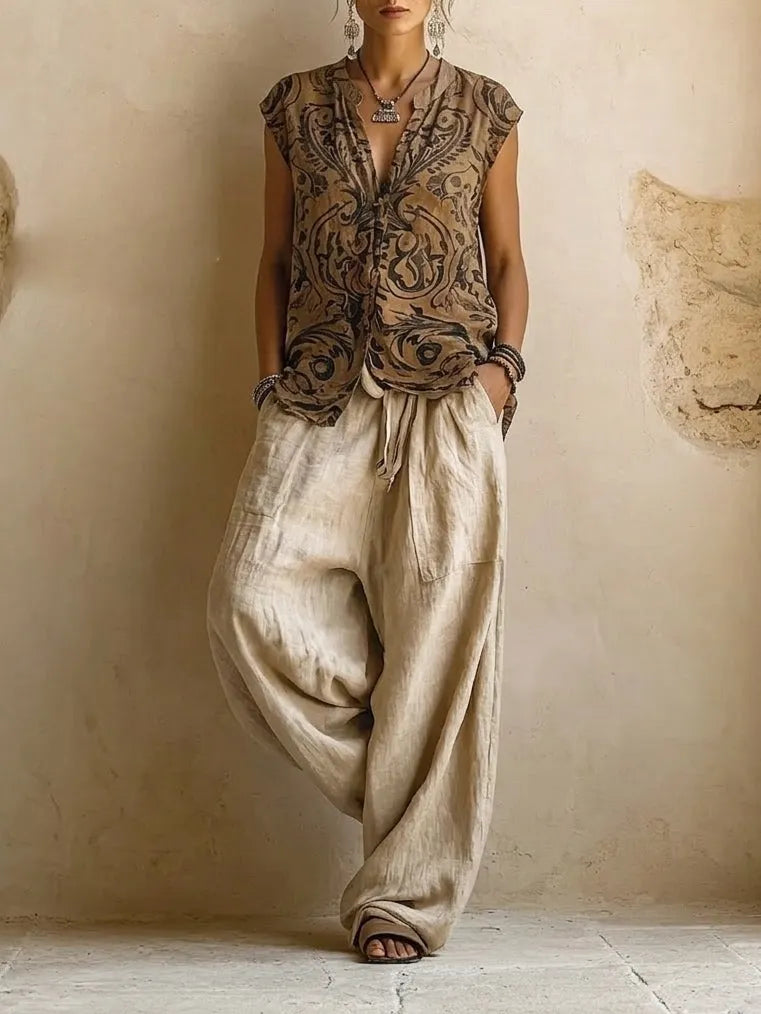 Casual Bohemian Linen And Cotton Long Cardigan And Sleeveless Top And Pants Three-piece Set
