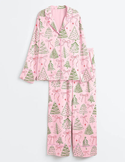 Women’s Preppy Christmas Tree Vintage Coquette Bow Long Sleeve Satin Pajama Set