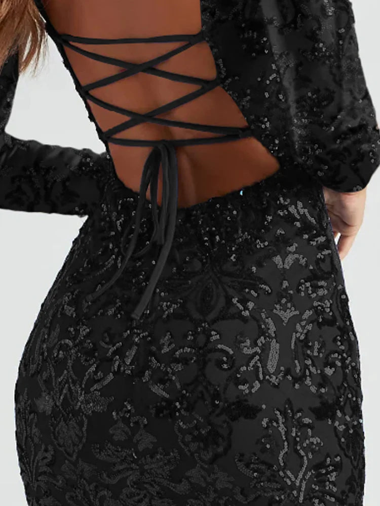 Sequin Long Sleeve Bodycon Lace-up Back Mini Dress Doglory Sequin Long Sleeve Bodycon Lace-up Back Mini Dress Doglory