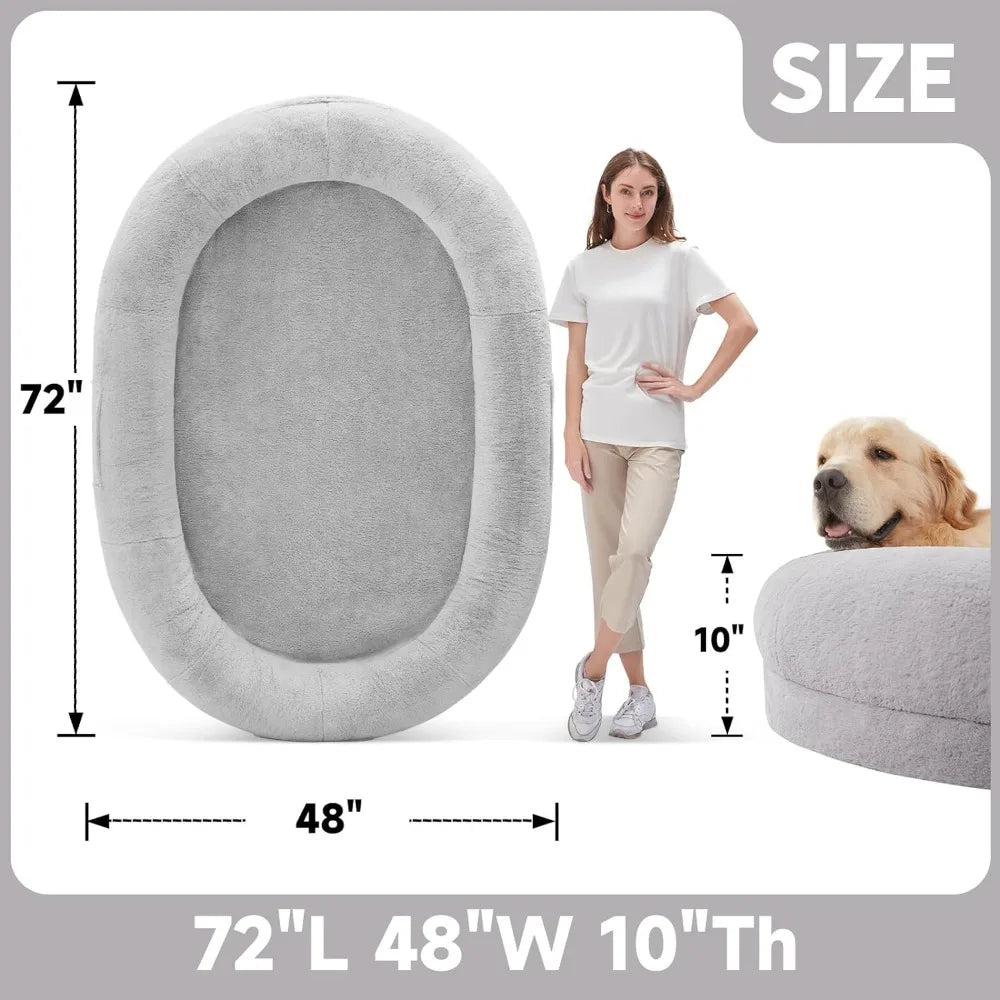 Adults' Oval Nap Bed with Blanket - Giant Bean Bag Dog Bed for People, Washable Faux Fur, 72