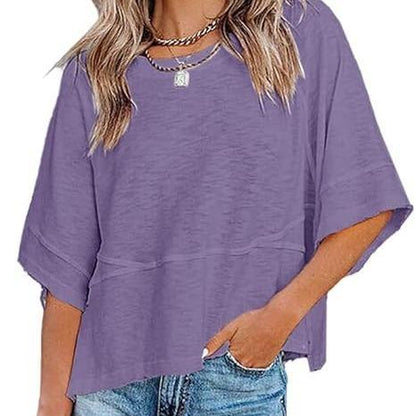 Women's Summer Casual Crewneck Batwing Half Sleeve T-Shirts Solid Color Loose Fit