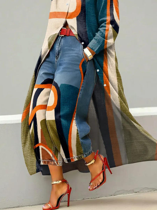 Mural | Women's Abstract Stripe Print Wide-Leg Denim Patchwork Pants