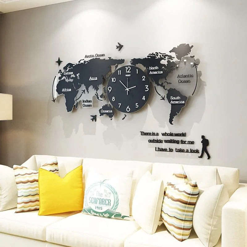 3D Acrylic World Map Wall Clock Nordic Modern Digital Hanging Wall Clock