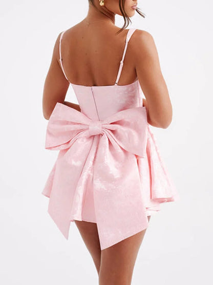 Jacquard Back Bow Embellished A-line Mini Dress