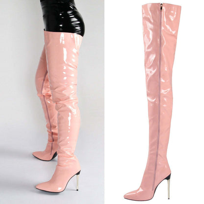 Women Pointed Toe Patent Leather Side Zipper Stiletto High Heel Over The Knee Boots