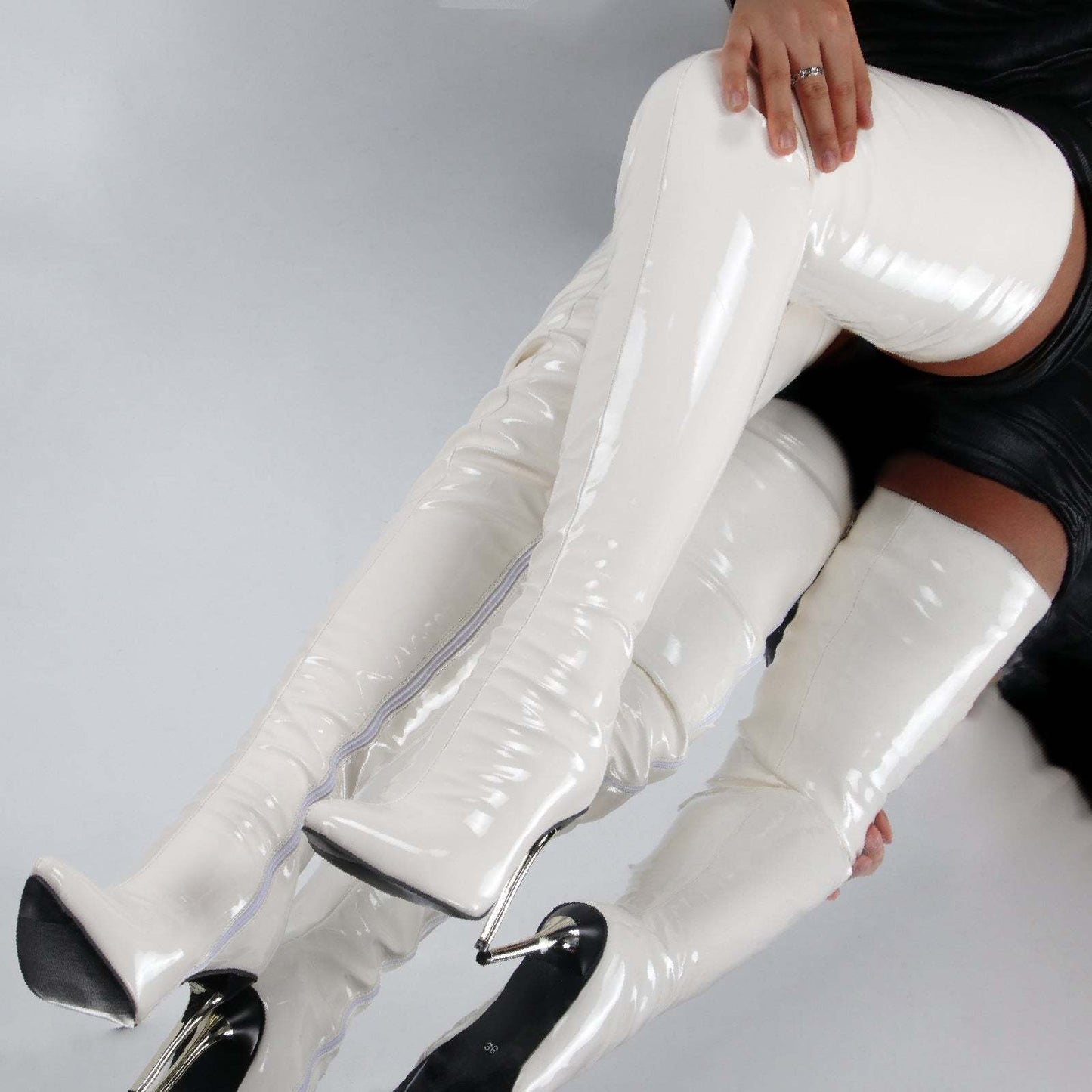 Women Pointed Toe Patent Leather Side Zipper Stiletto High Heel Over The Knee Boots