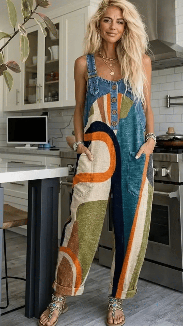 Sienna | Women's Abstract Print Denim Patchwork Oversized Jumpsuit