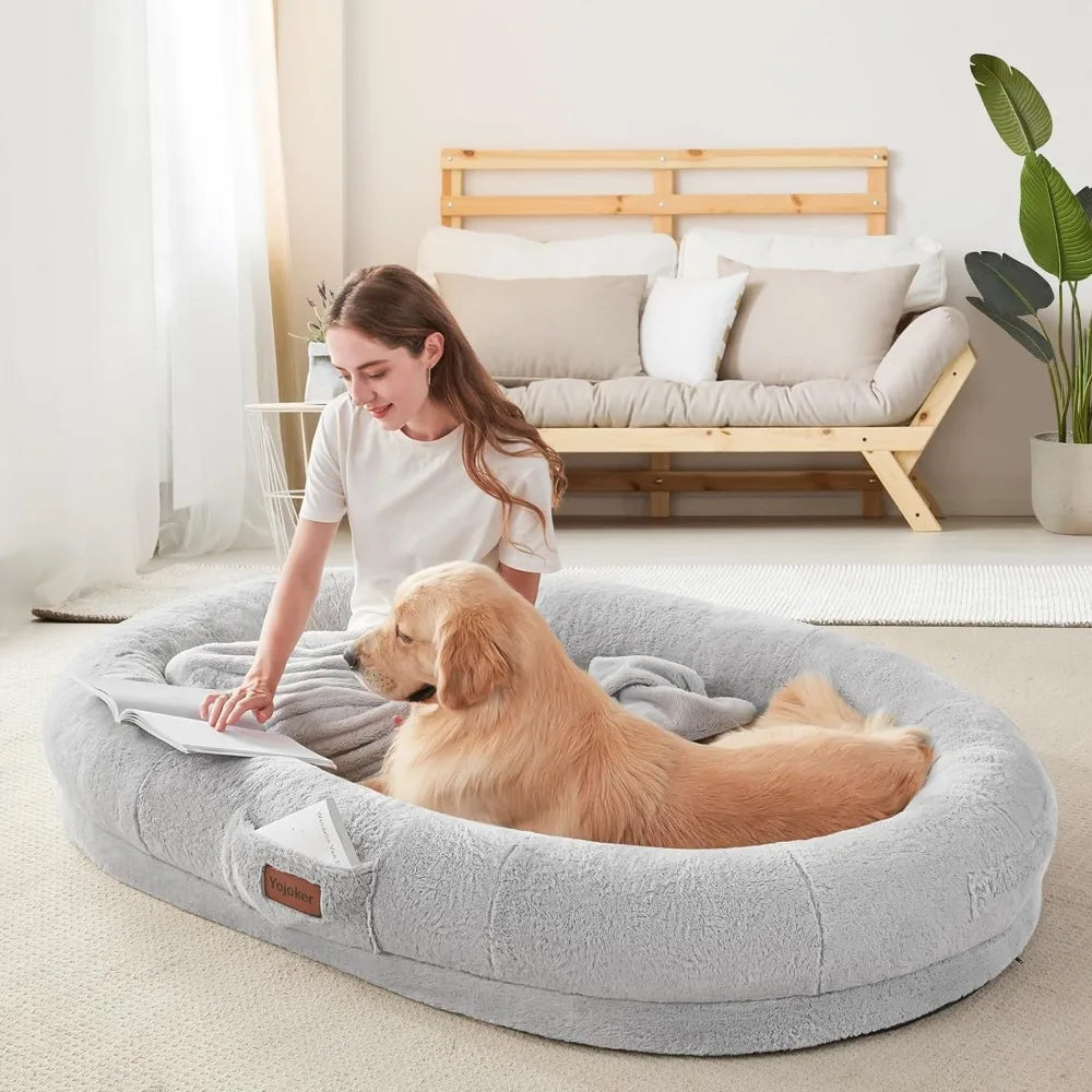 Adults' Oval Nap Bed with Blanket - Giant Bean Bag Dog Bed for People, Washable Faux Fur, 72