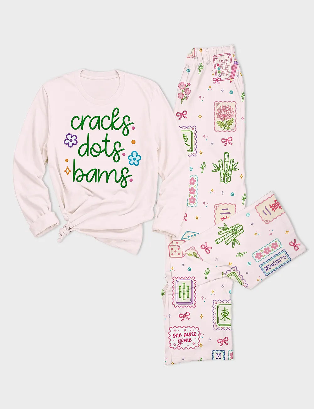 Women's Mahjong Pastel Game Long Sleeve Cotton T-Shirt Pajama Set