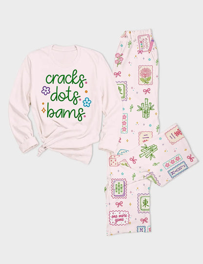 Women's Mahjong Pastel Game Long Sleeve Cotton T-Shirt Pajama Set