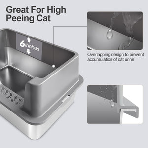 Stainless Steel Cat Litter Box with Lid - Large, High-Sided, Easy Clean, Anti-Leak - Includes Scoop