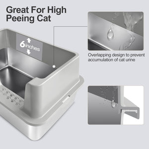 Stainless Steel Cat Litter Box with Lid - Large, High-Sided, Easy Clean, Anti-Leak - Includes Scoop