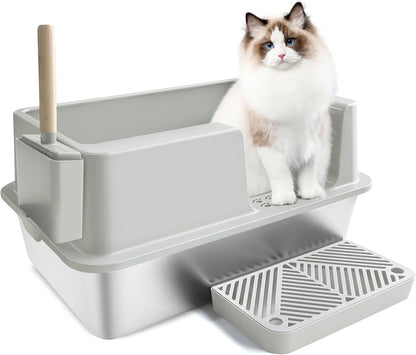 Stainless Steel Cat Litter Box with Lid - Large, High-Sided, Easy Clean, Anti-Leak - Includes Scoop