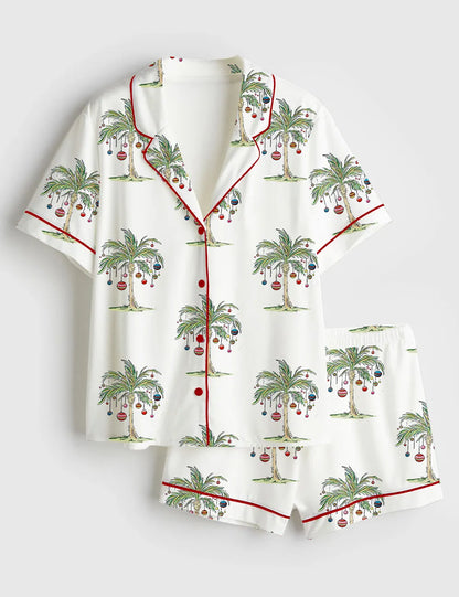 Women’s Tropical Christmas Aloha Holiday Beach Santa In July Hawaiian Print Short Sleeve Satin Pajama Set