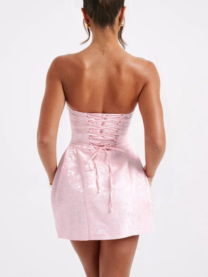 Jacquard Strapless Knot A-line Mini Dress