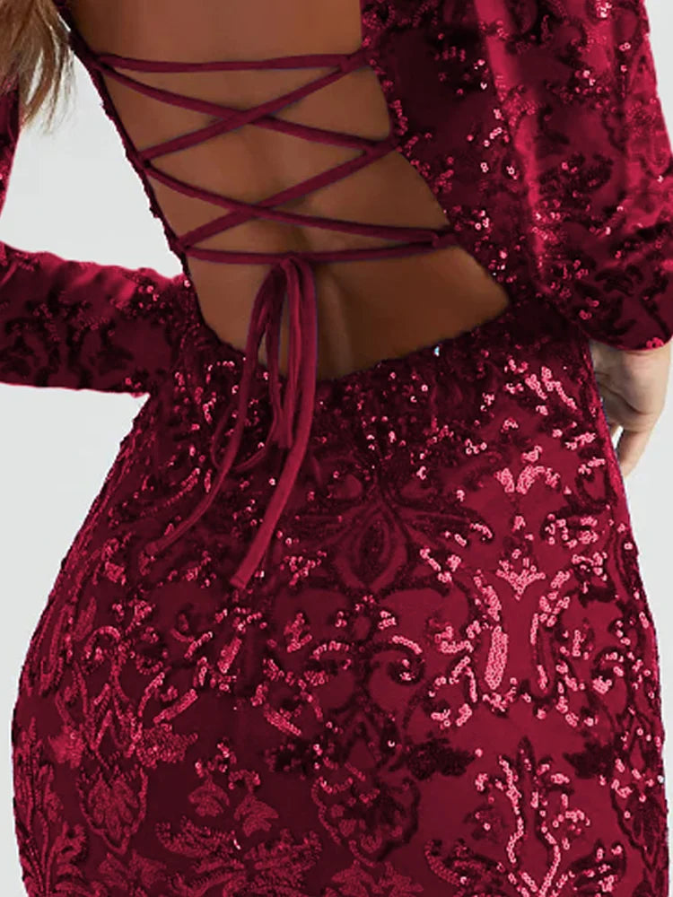 Sequin Long Sleeve Bodycon Lace-up Back Mini Dress