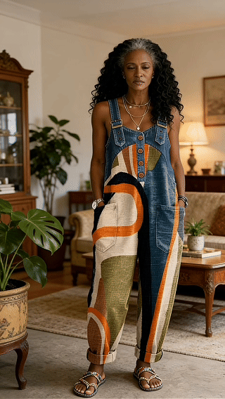 Sienna | Women's Abstract Print Denim Patchwork Oversized Jumpsuit
