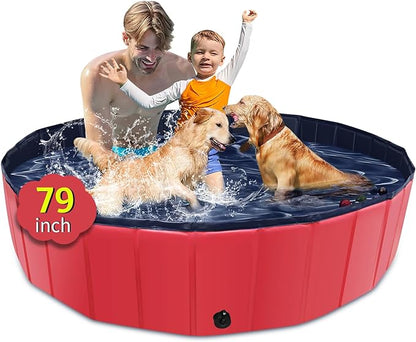 Foldable Dog Pool - 79"x14" Non-Slip, Hard Plastic, Collapsible Swimming Pool for Kids & Pets