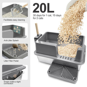 Stainless Steel Cat Litter Box with Lid - Large, High-Sided, Easy Clean, Anti-Leak - Includes Scoop