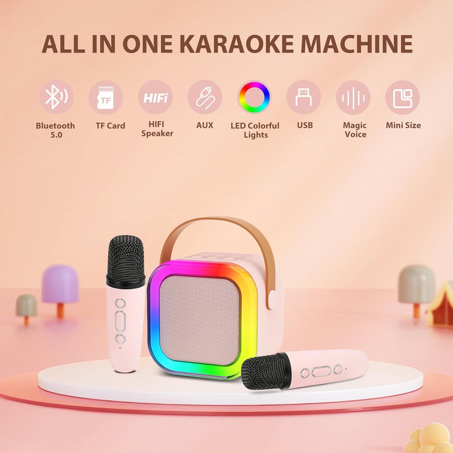 Mini Karaoke Machines for Kids Adults w/2 Wireless Microphones, Portable Bluetooth Speaker with Voice Changing Effects