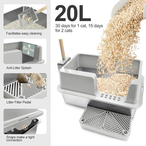 Stainless Steel Cat Litter Box with Lid - Large, High-Sided, Easy Clean, Anti-Leak - Includes Scoop