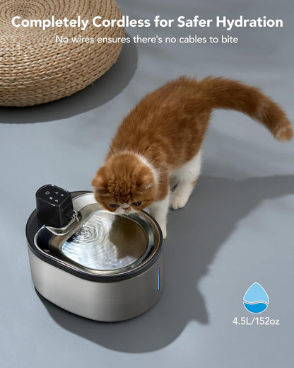 Wireless Stainless Steel Cat Water Fountain - 4.5L Battery Operated, Motion Sensor, Ultra Quiet, Multi-Filtration