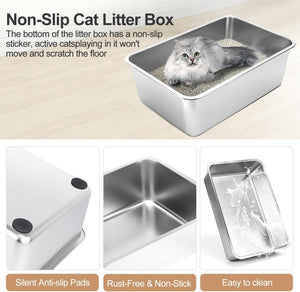 Stainless Steel Cat Litter Box with Lid - Large, High-Sided, Easy Clean, Anti-Leak - Includes Scoop