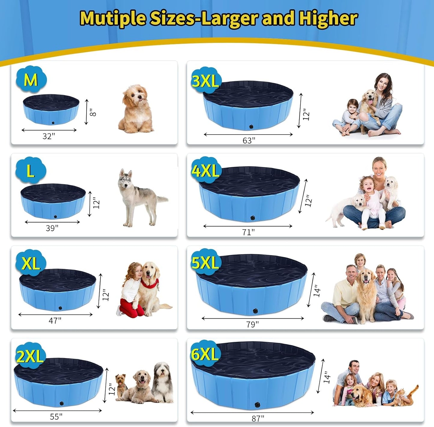 Foldable Dog Pool - 79"x14" Non-Slip, Hard Plastic, Collapsible Swimming Pool for Kids & Pets