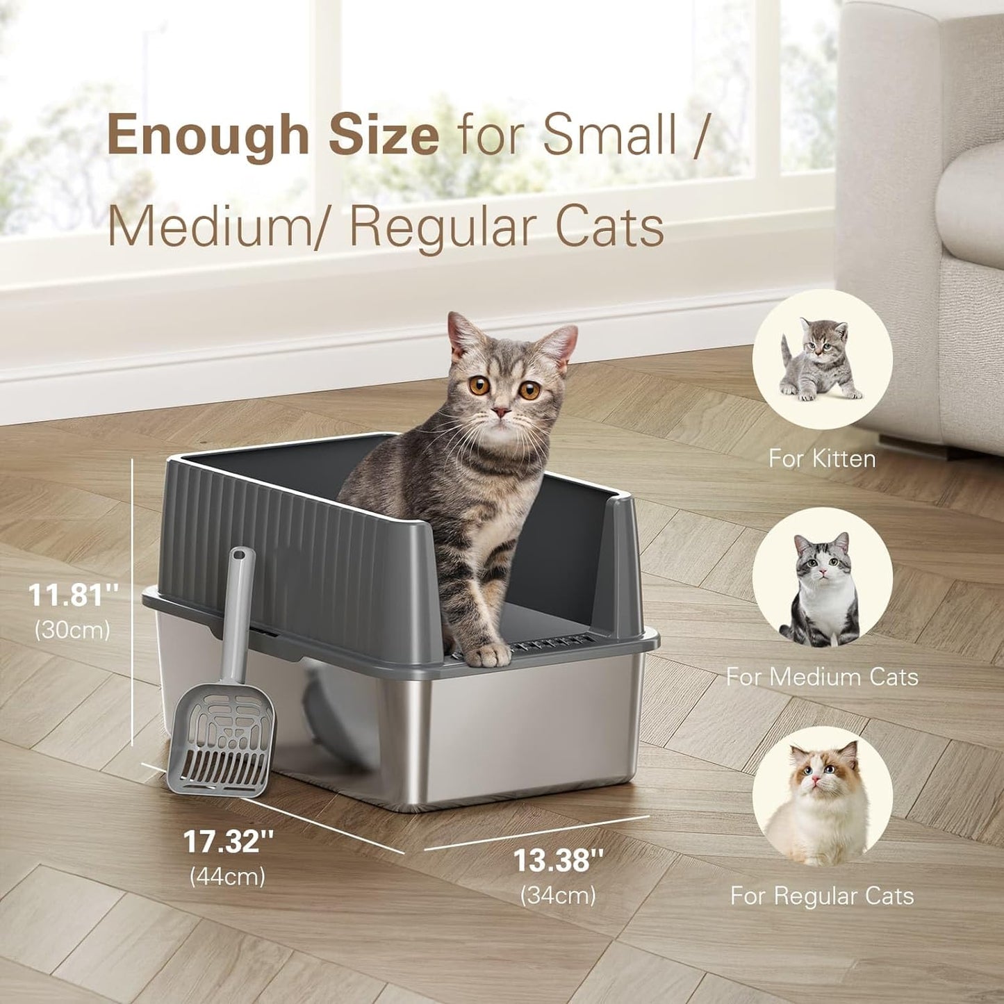 Stainless Steel Litter Box, Cat Litter Box for Kittens, Metal Litter Box with Lid for Small Medium Cats