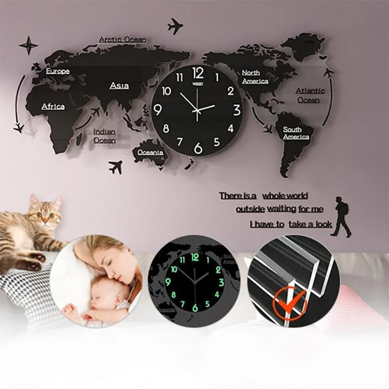 3D Acrylic World Map Wall Clock Nordic Modern Digital Hanging Wall Clock