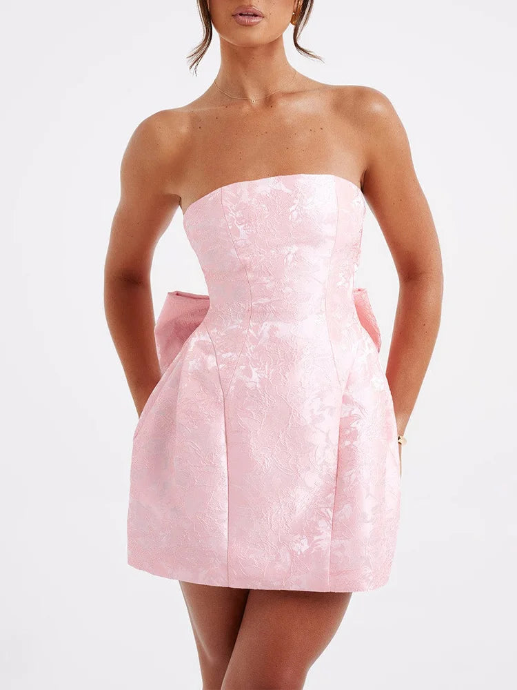 Jacquard Strapless Knot A-line Mini Dress