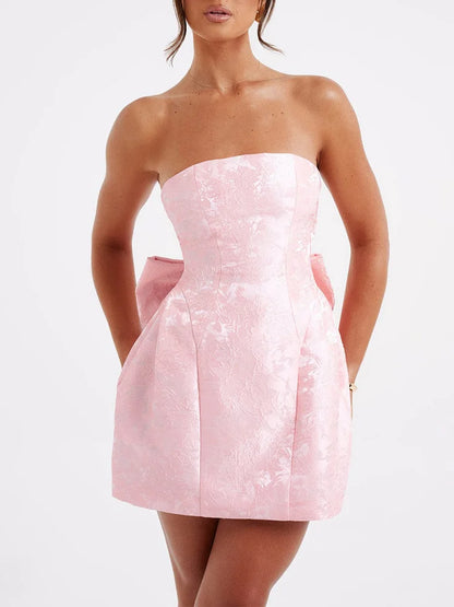 Jacquard Strapless Knot A-line Mini Dress